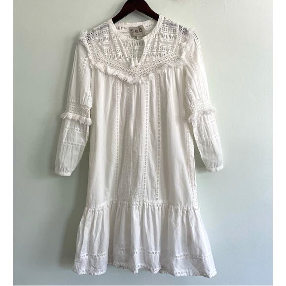 Sea New York White Cotton Lace Ruffle Boho Dress Size 4 Beachy - Picture 3 of 10
